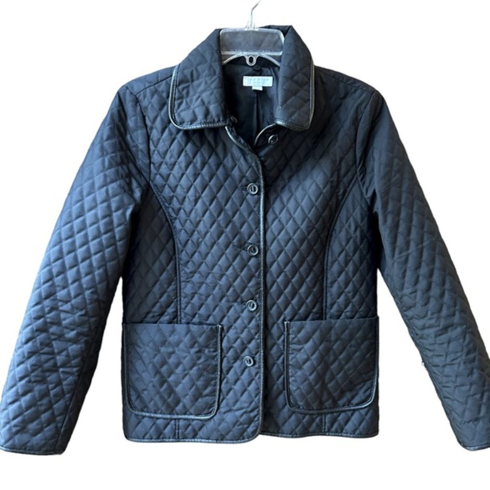 Charter Club Black Quilted Jacket Faux Leather Trim Small Petite